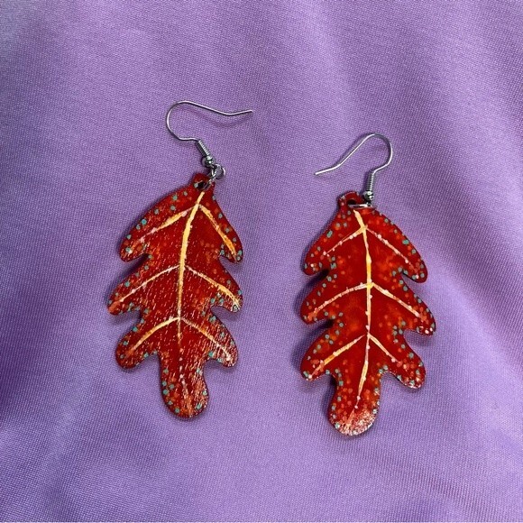 Hand Painted Fall Wooden Leaf Earrings Handmade Orange Fish Hook Autumn Witchy - Picture 3 of 5